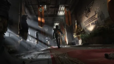 A lone figure walks through a damaged Metro station beneath hanging propaganda banners and shafts of light.