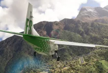 A green aircraft flies over a mountainous landscape in Microsoft Flight Simulator 2024.