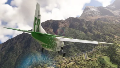 A green aircraft flies over a mountainous landscape in Microsoft Flight Simulator 2024.