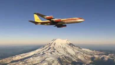 A Boeing 707-320C flies over a snow-covered mountain in Microsoft Flight Simulator 2024.
