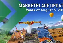 Marketplace Update graphic for Microsoft Flight Simulator 2024 showing aircraft, mountainous scenery, water activities, wildlife, and hot-air balloons