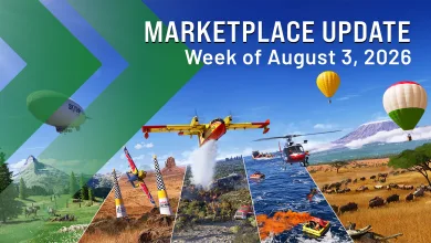 Marketplace Update graphic for Microsoft Flight Simulator 2024 showing aircraft, mountainous scenery, water activities, wildlife, and hot-air balloons