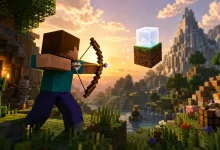A Minecraft-style player draws a bow beside a river in a block-built landscape with a creeper nearby.