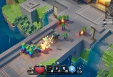Minecraft Dungeons II combat in a rainy city area