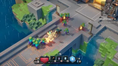 Minecraft Dungeons II combat in a rainy city area