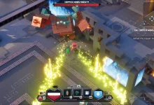 A player character fights the Copper Monstrosity amid bright lightning attacks in Minecraft Dungeons II.