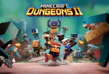 Minecraft Dungeons II heroes battle blocky enemies in a colorful action scene