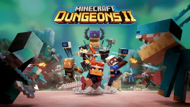 Minecraft Dungeons II heroes battle blocky enemies in a colorful action scene