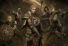 Several Mistfall Hunter characters gather in a dark fantasy landscape, led by an armored woman