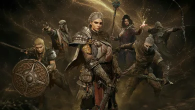 Several Mistfall Hunter characters gather in a dark fantasy landscape, led by an armored woman