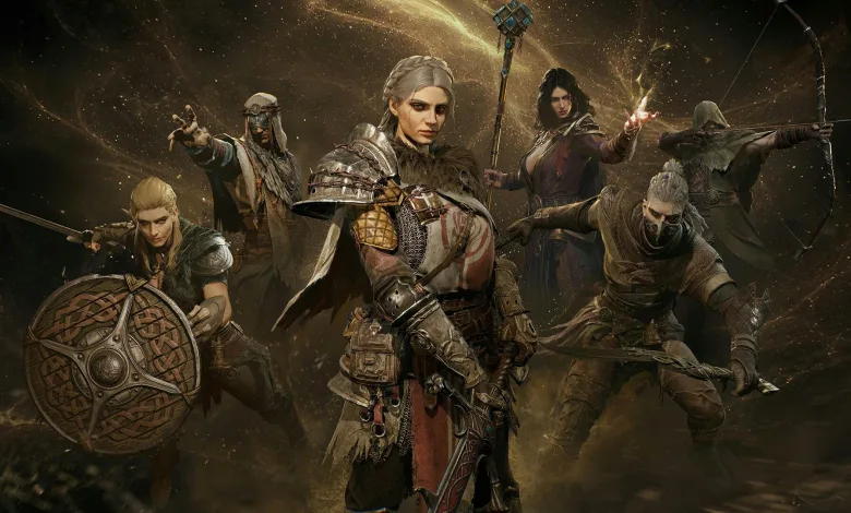 Several Mistfall Hunter characters gather in a dark fantasy landscape, led by an armored woman