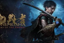 Miyamoto Musashi stands with his sword and Oni Gauntlet in a dark blue forest in Onimusha: Way of the Sword.