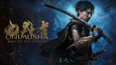 Miyamoto Musashi stands with his sword and Oni Gauntlet in a dark blue forest in Onimusha: Way of the Sword.