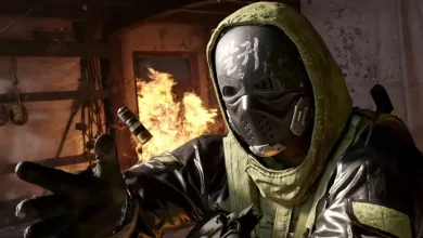 Masked Modern Warfare 4 soldier in a green hood reaching forward inside a burning room
