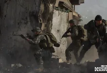 Four Modern Warfare 4 soldiers move through a damaged urban area.