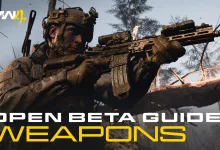Modern Warfare 4 beta operator aiming a rifle in a damaged outdoor setting beside the words Open Beta Guide: Weapons