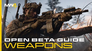 Modern Warfare 4 beta operator aiming a rifle in a damaged outdoor setting beside the words Open Beta Guide: Weapons