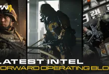 Three Modern Warfare 4 operators shown in a triptych above the words Latest Intel Forward Operating Blog