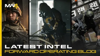 Three Modern Warfare 4 operators shown in a triptych above the words Latest Intel Forward Operating Blog