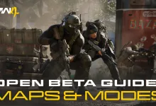 Three armed Modern Warfare 4 operators advance through a market beside the words Open Beta Guide: Maps & Modes.