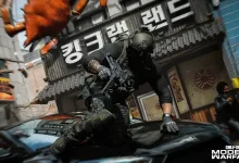 Modern Warfare 4 operator sliding over a car in an urban combat scene