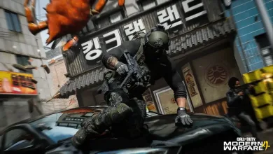 Modern Warfare 4 operator sliding over a car in an urban combat scene