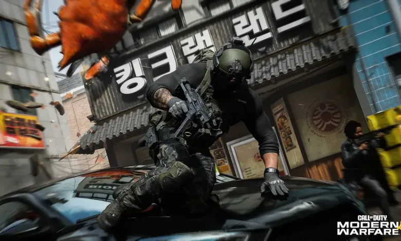 Modern Warfare 4 operator sliding over a car in an urban combat scene