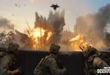 Modern Warfare 4 soldiers watch explosions during combat as an aircraft flies overhead