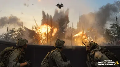 Modern Warfare 4 soldiers watch explosions during combat as an aircraft flies overhead