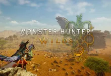 Monster Hunter Wilds hunters overlooking a desert landscape beneath the game's logo