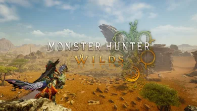 Monster Hunter Wilds hunters overlooking a desert landscape beneath the game's logo