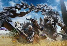Monster Hunter Wilds hunters facing a large monster in a grassy landscape