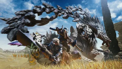Monster Hunter Wilds hunters facing a large monster in a grassy landscape