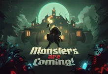 A hooded figure holding a torch stands before a glowing castle in Monsters Are Coming!