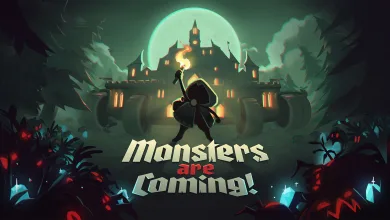 A hooded figure holding a torch stands before a glowing castle in Monsters Are Coming!
