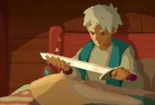 Moonlighter character holding a sword indoors