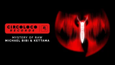 Black and red CircoLoco Records artwork for Mystery of Raw by Michael Bibi and KETTAMA, featuring a central abstract waveform graphic.