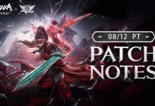 NARAKA: BLADEPOINT patch notes artwork showing a red-clad warrior and the August 12 PT update date