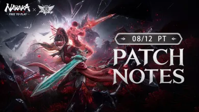 NARAKA: BLADEPOINT patch notes artwork showing a red-clad warrior and the August 12 PT update date