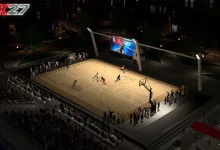 A nighttime basketball court in NBA 2K27's City surrounded by spectators and city lights.