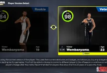NBA 2K27 MyNBA screen showing rookie and veteran versions of Victor Wembanyama