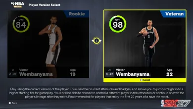 NBA 2K27 MyNBA screen showing rookie and veteran versions of Victor Wembanyama