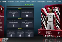 NBA 2K27 MyTEAM Player XP screen showing a Stephon Castle player card and unlockable attribute boosts