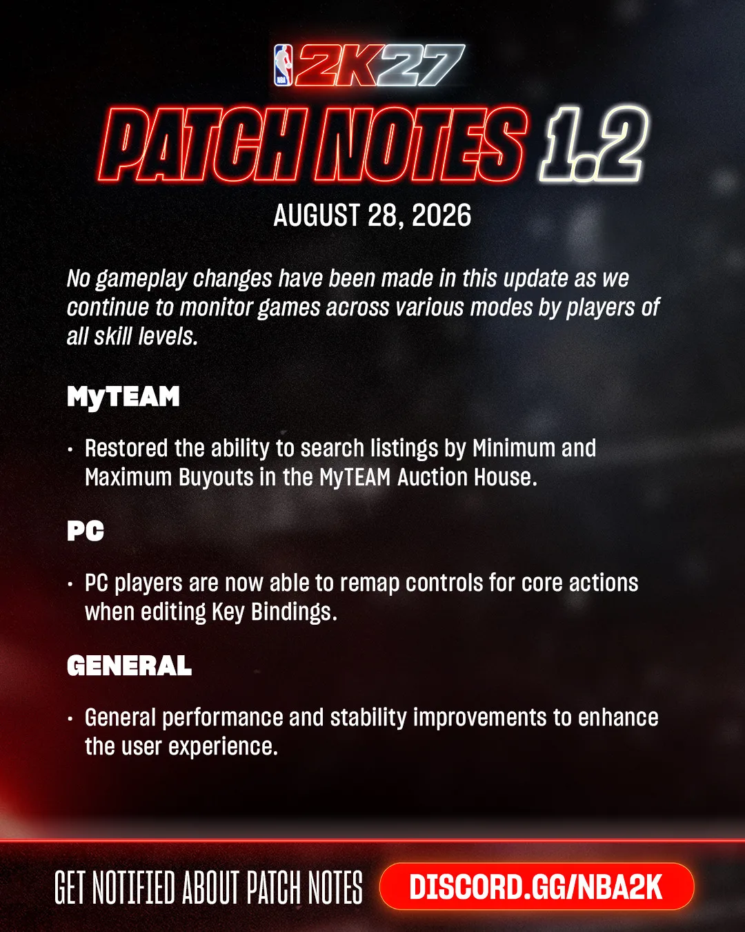 NBA 2K27 Patch Notes 1.2 showing MyTEAM, PC, and General changes