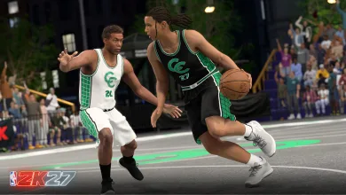 NBA 2K27 players competing on an indoor City court