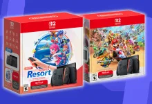 Two Nintendo Switch 2 bundle boxes featuring Mario Kart World and Switch Sports Resort