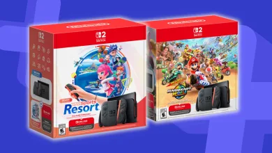 Two Nintendo Switch 2 bundle boxes featuring Mario Kart World and Switch Sports Resort