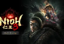 Nioh 3 Hell Rising artwork showing a one-eyed warrior in the foreground with battle imagery behind him and the game logo at left.