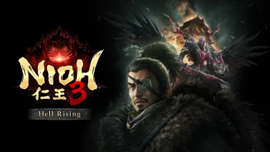 Nioh 3 Hell Rising artwork showing a one-eyed warrior in the foreground with battle imagery behind him and the game logo at left.