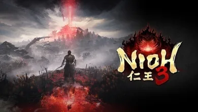 Nioh 3 key art showing a warrior standing in a red-lit landscape beneath a dark sky, with the Nioh 3 logo on the right.
